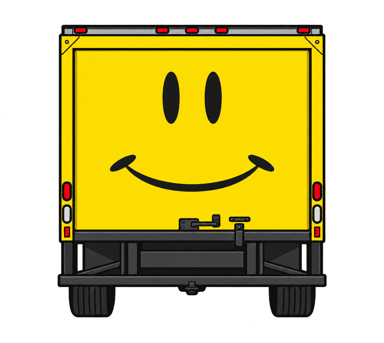 Yellow Friendship Builders truck rear with smiling face and tires